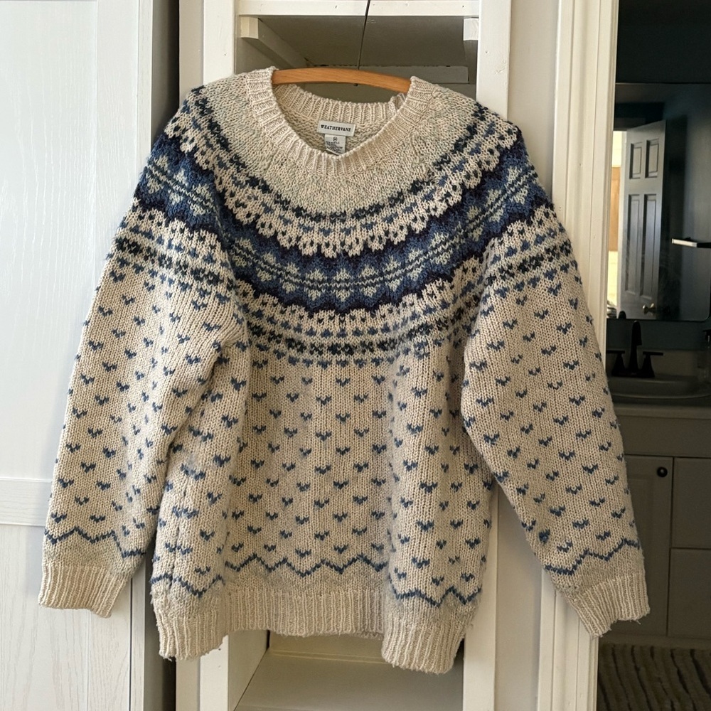 Cozy Knit Patterned Sweater - Cream and Blue
